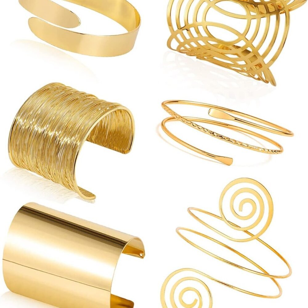6Pcs Gold Arm Cuff Set - Adjustable Minimalist Simple Coil Bangle Wide Wire Groo